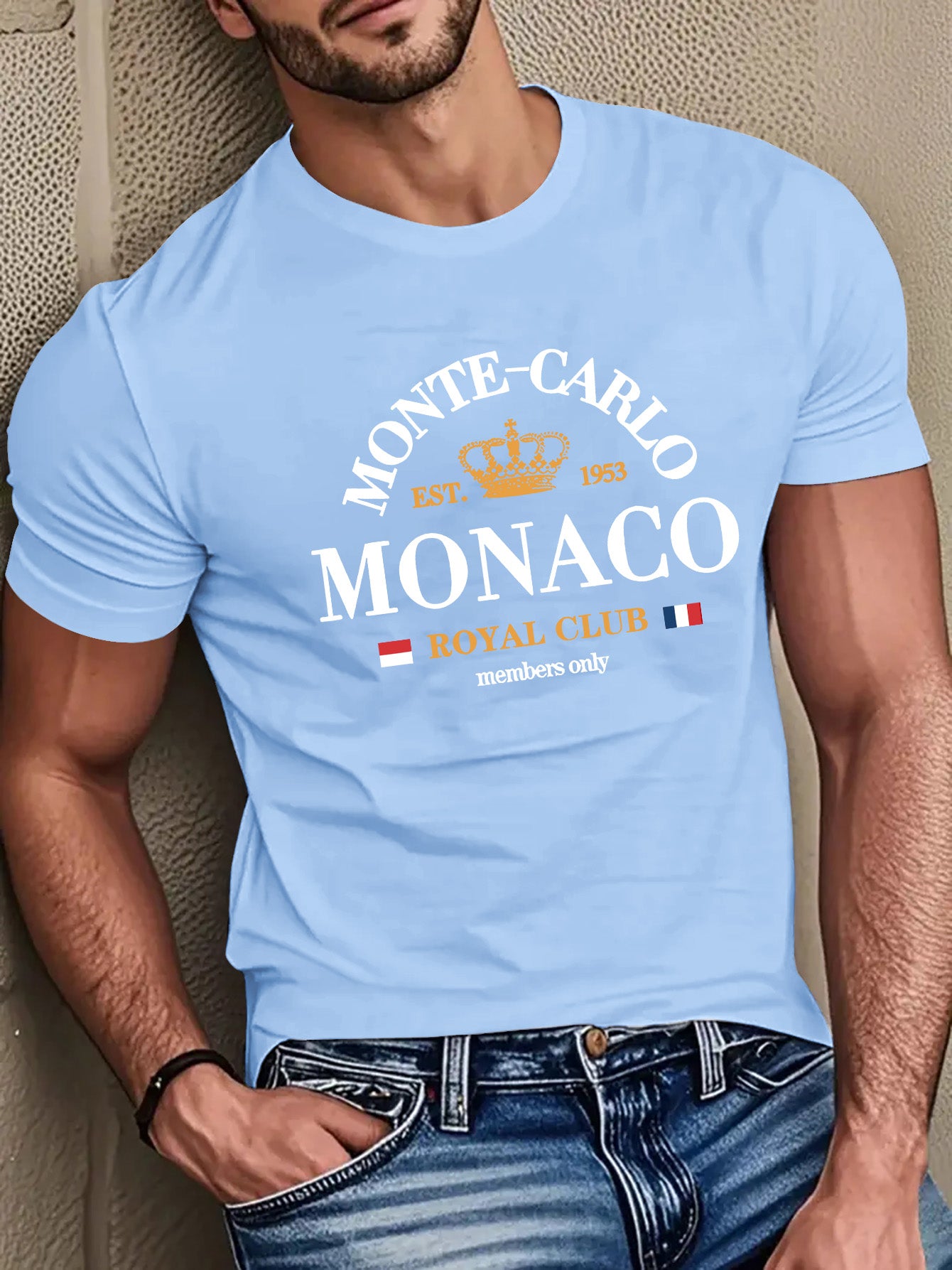 Mens Casual Monte Carlo Royal Club Graphic Print Soft Breathable Crew Neck Ribbed Tshirt