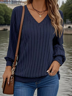 Womens Casual V-Neck Long Sleeve Ribbed Loose Fit Sweater