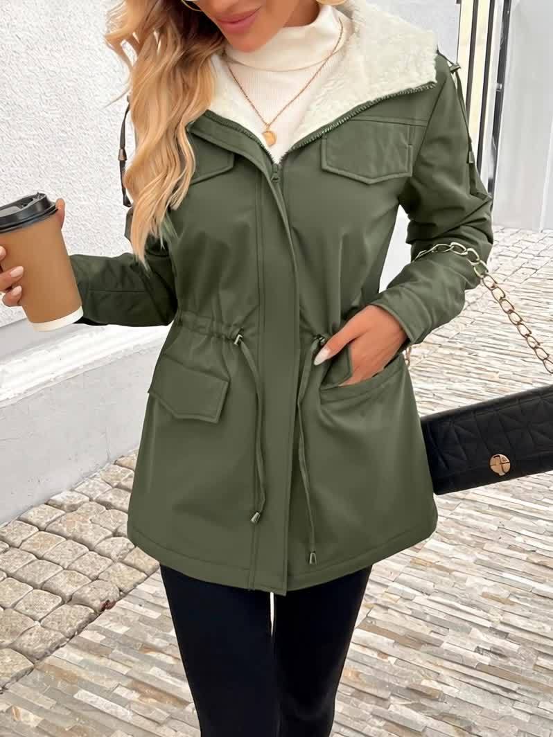 Womens Casual Hooded Solid Colour Non-Stretch Drawstring Lightweight Jacket