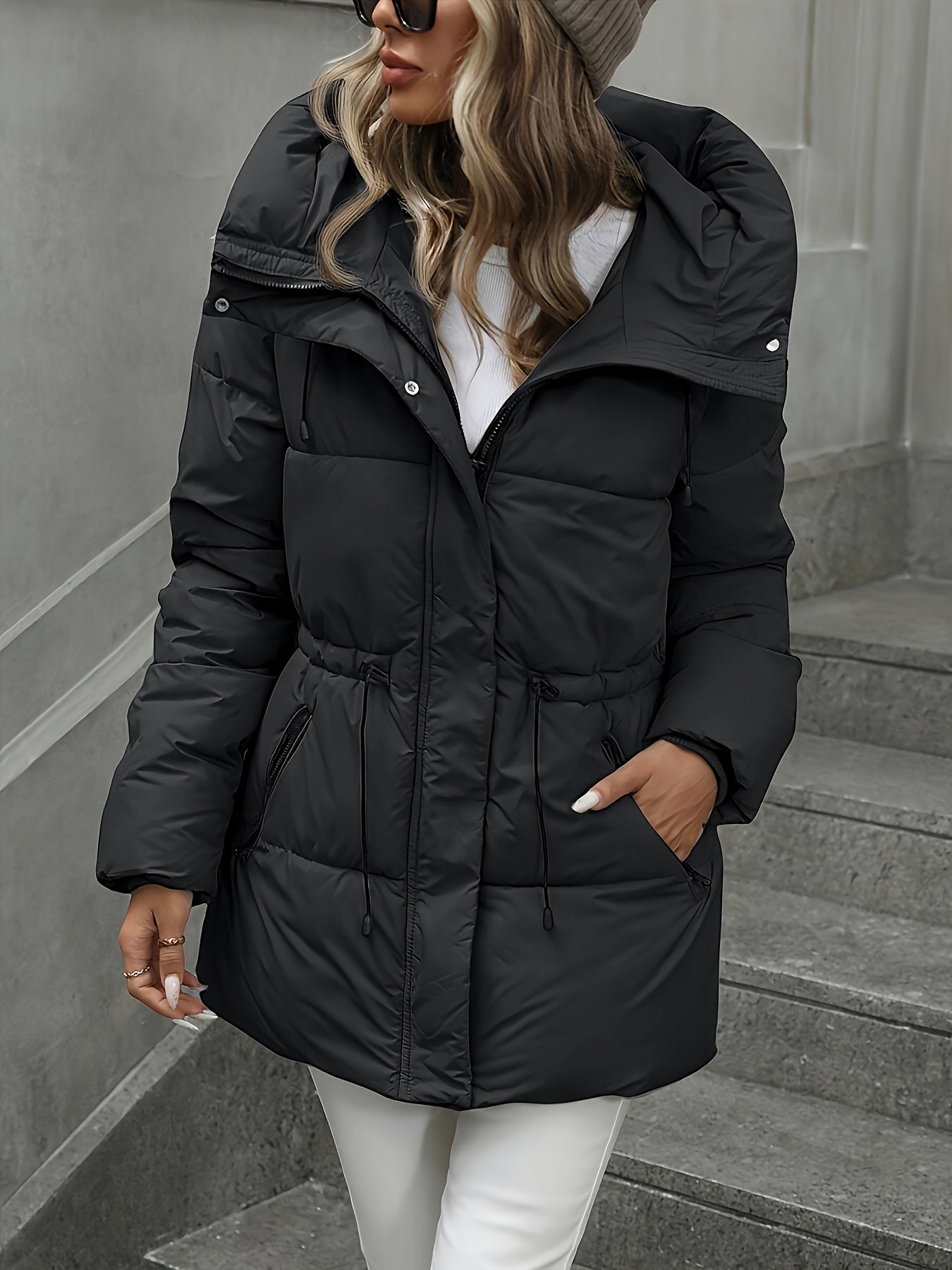 Womens Casual Thick Warm Hooded Front Zipper Puffer Jacket
