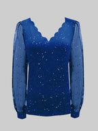 Womens Long Sleeve Sexy V-Neck Sequined Mesh Sleeved Top