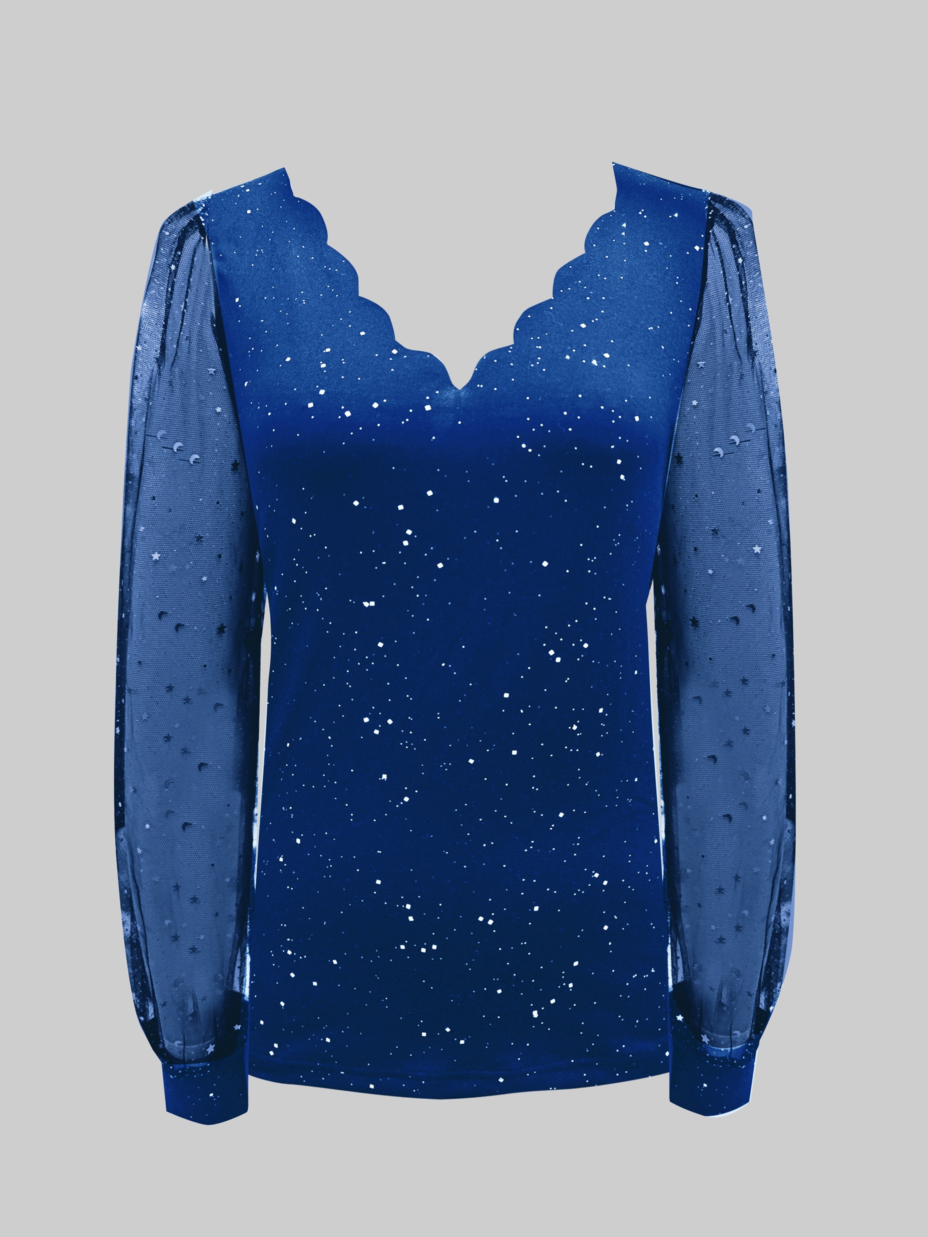 Womens Long Sleeve Sexy V-Neck Sequined Mesh Sleeved Top