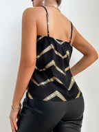 Womens Elegant Sleeveless V-Neck Gold Zig Zag Print Spaghetti Strap Cami Top