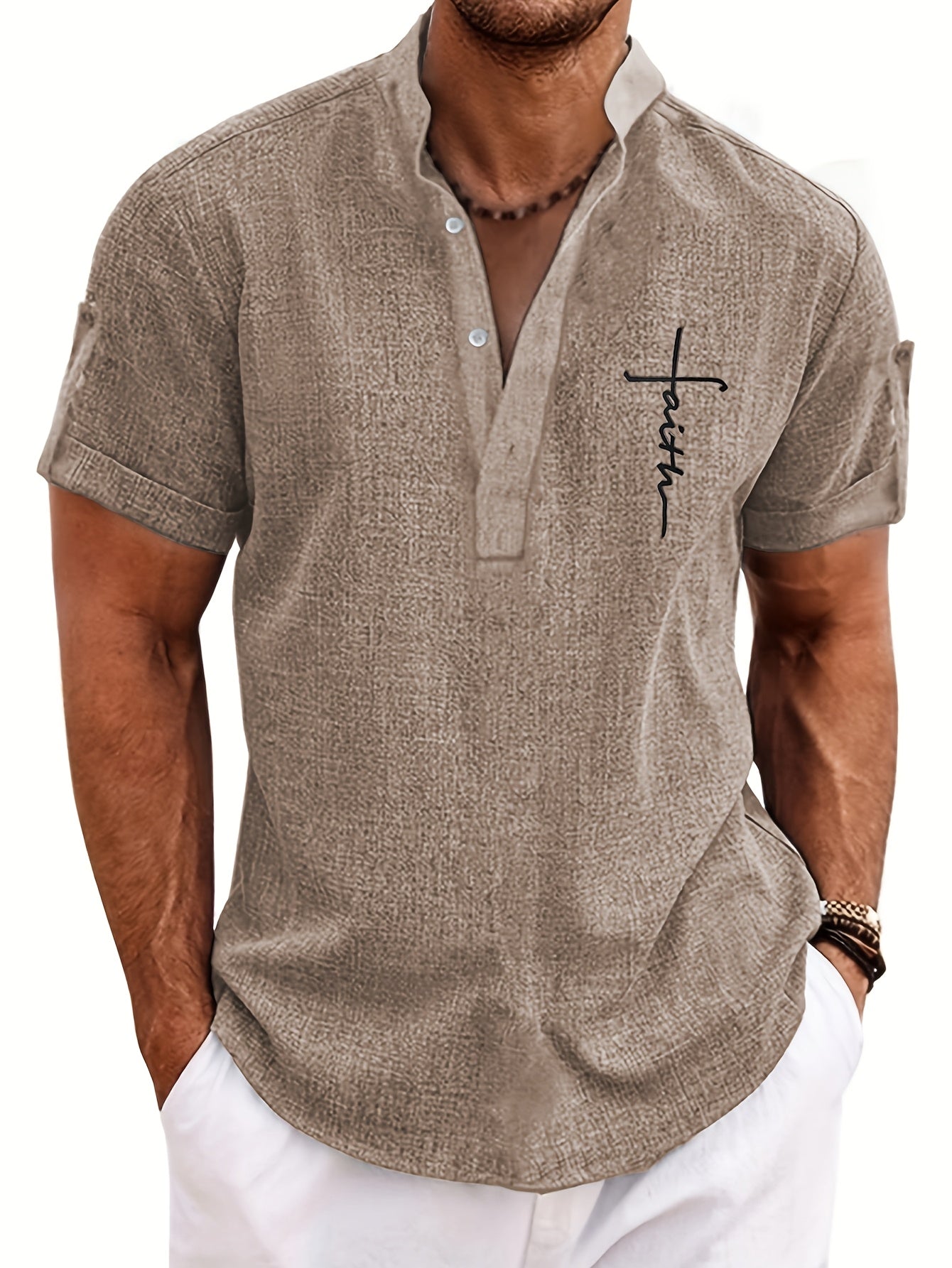 Mens Casual Graphic Print Short Sleeve Stand Collar Breathable Shirt