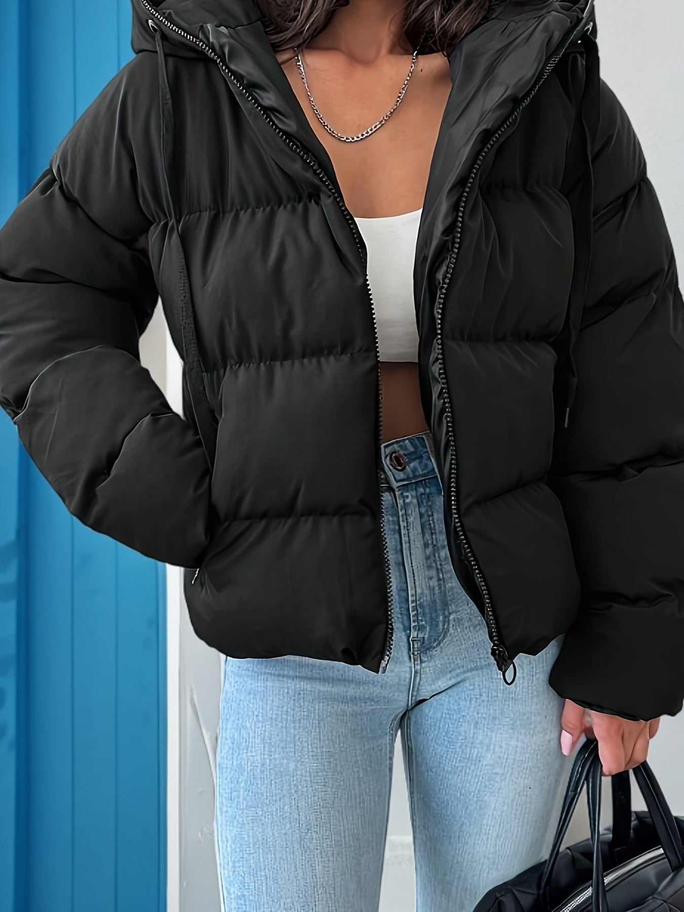 Womens Casual Hooded Zip-Up Long Sleeves Solid Colour Puffer Jacket