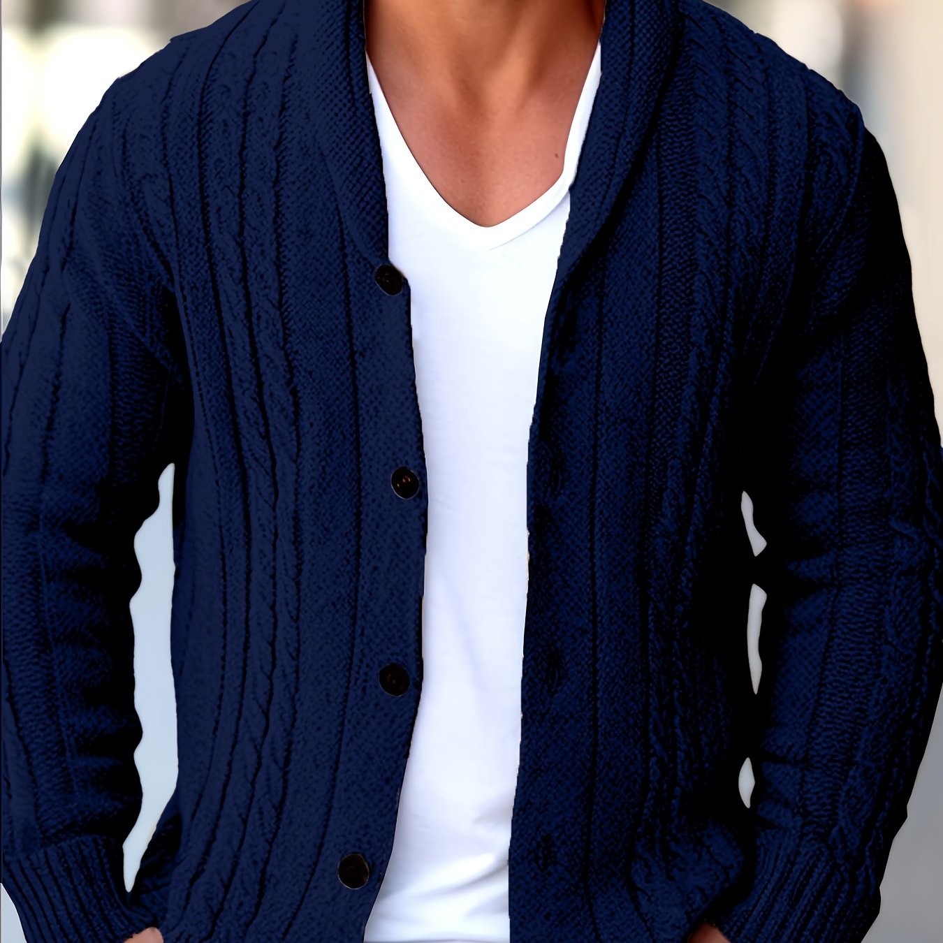 Mens Casual Thick Long Sleeve Cable Knit Buttoned Cardigan