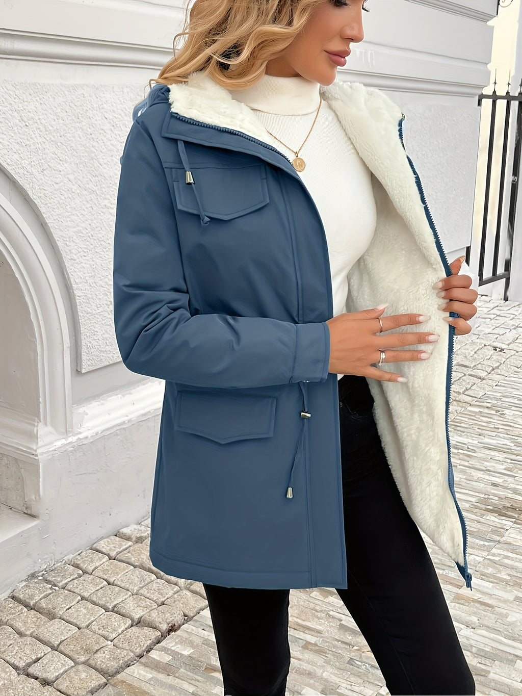 Womens Casual Hooded Solid Colour Non-Stretch Drawstring Lightweight Jacket