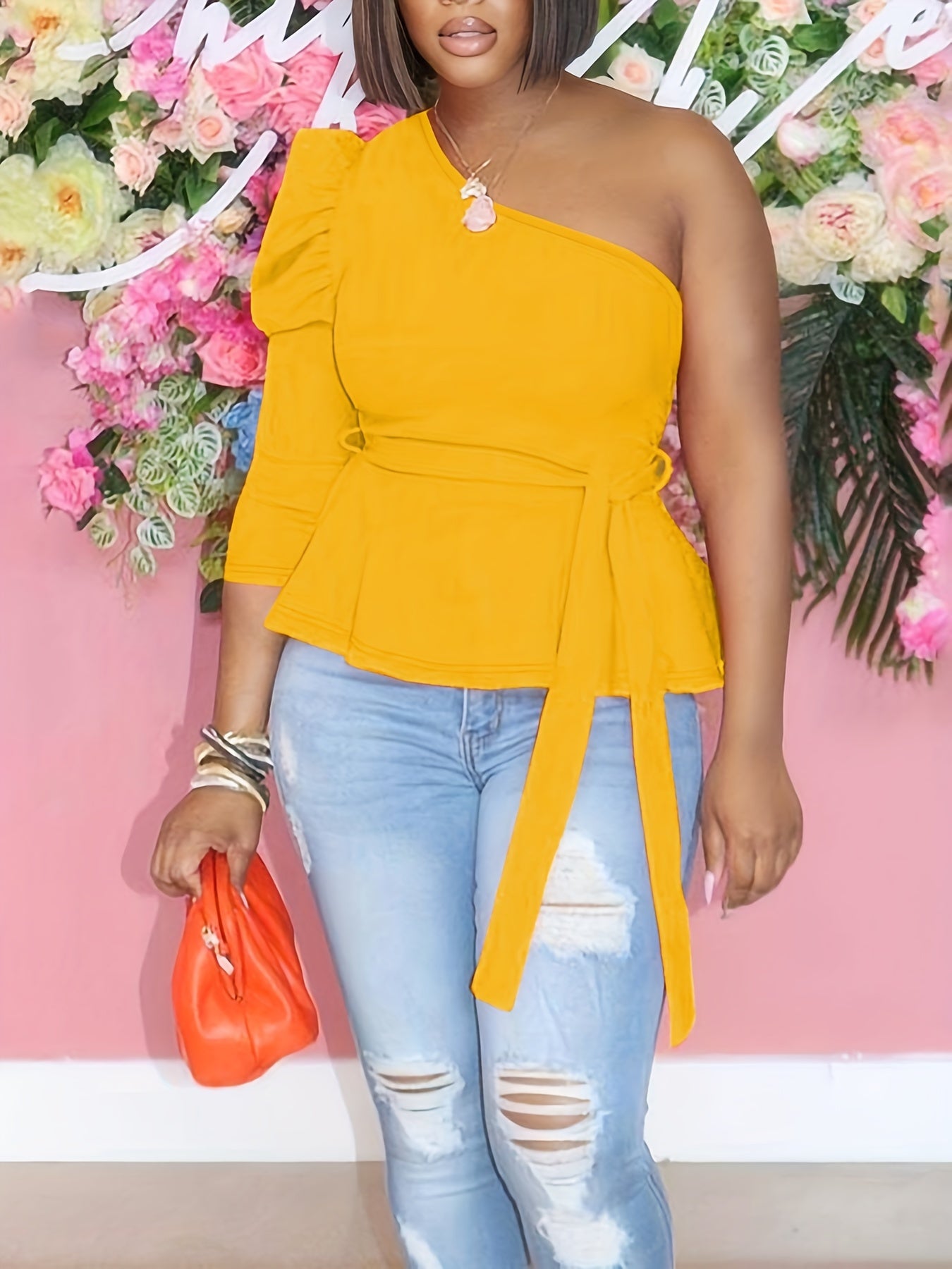 Womens Solid Colour One Shoulder Belted Elegant Puff Long Sleeve Asymmetric Top