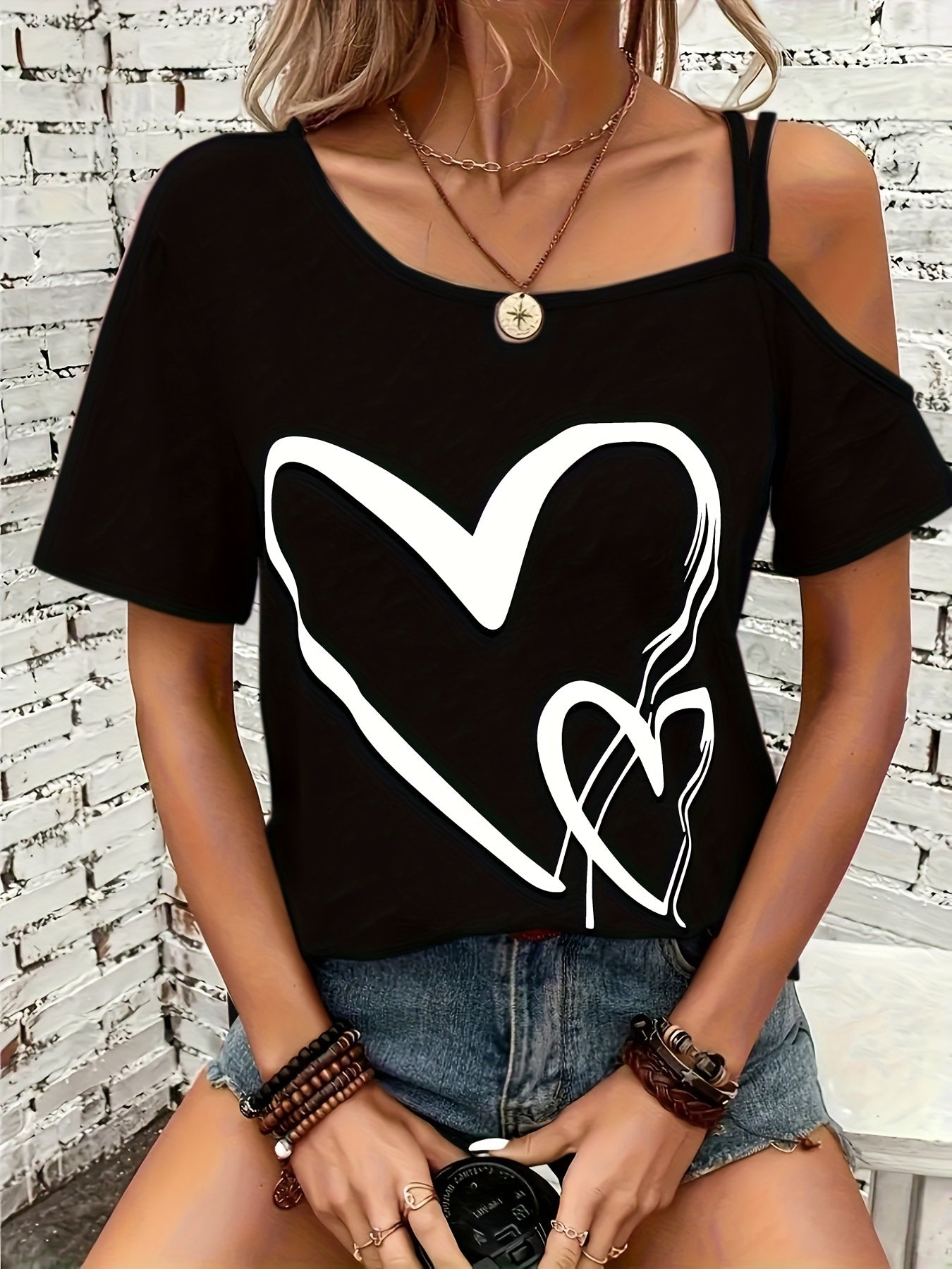 Womens Casual Heart Print Off the Shoulder Short Sleeve Asymmetrical T-shirt Top