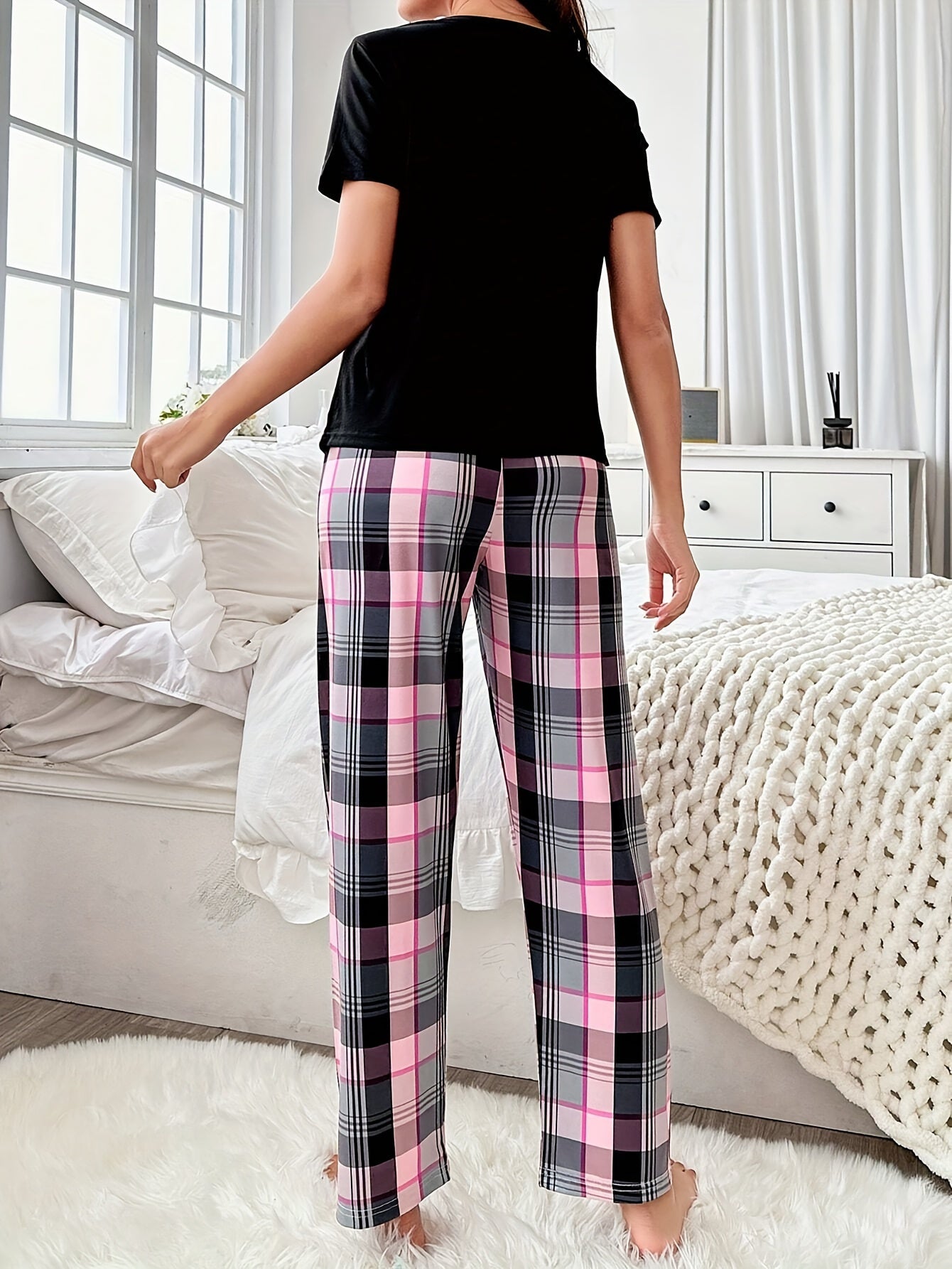 Womens Casual Comfortable Relaxed Fit Plaid Heart & Slogan Print Pyjama Set