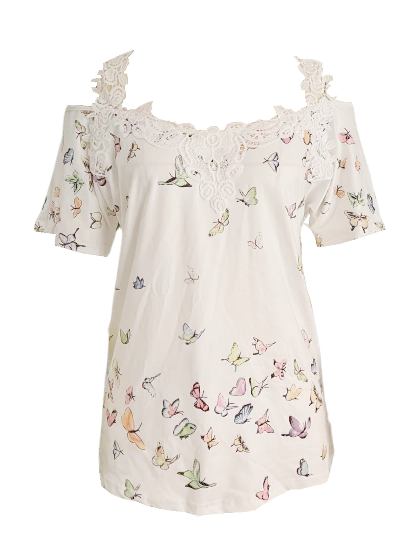 Womens Casual Cold Shoulder Short Sleeve Butterfly Print V Neck Top