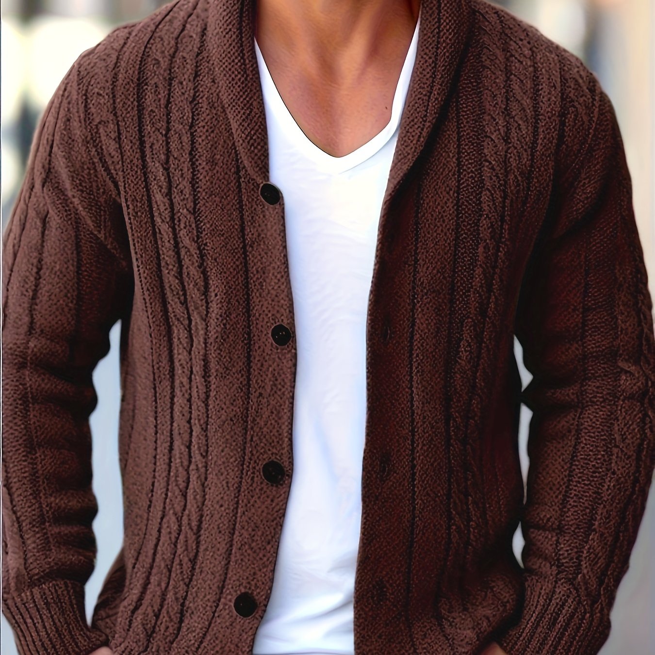 Mens Casual Thick Long Sleeve Cable Knit Buttoned Cardigan