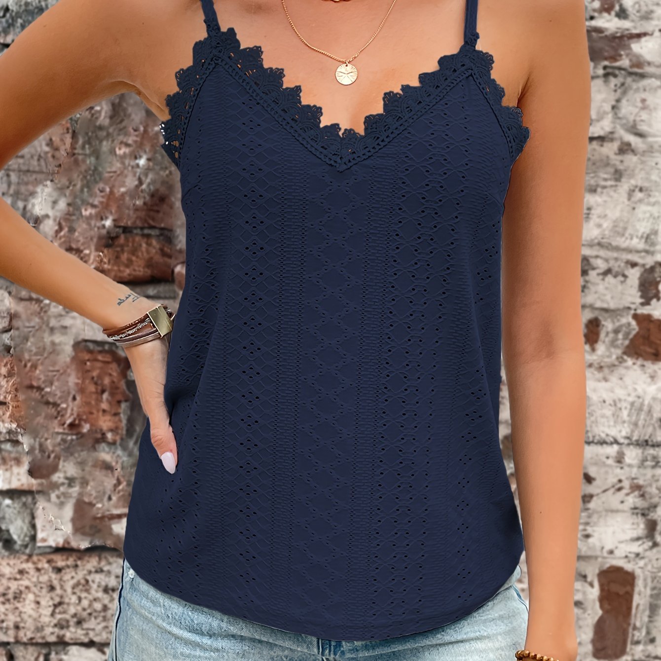 Womens Casual Eyelet Lace V-Neck Spaghetti Straps Vest Top