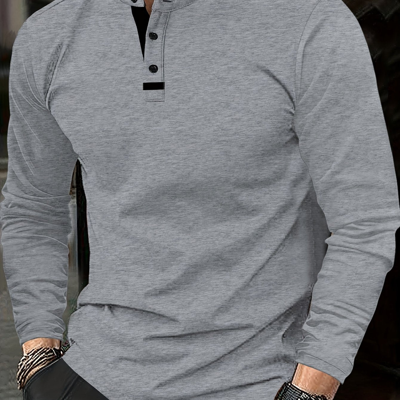 Mens Casual Solid Colour Contrast Stitching Casual Round Neck Long Sleeve Top