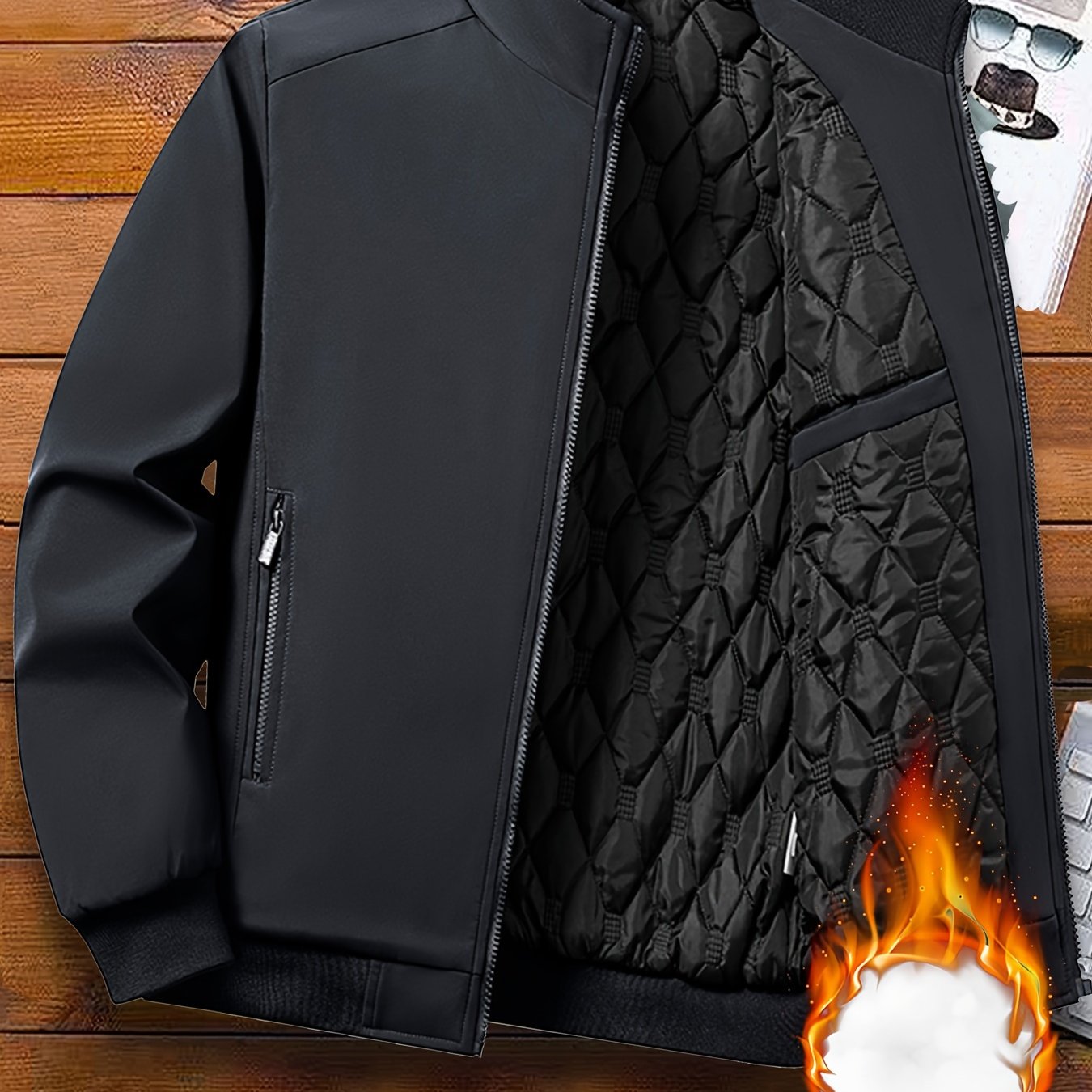 Mens Casual Solid Zip-Up Stand Collar Windbreaker Thermal Quilted Jacket
