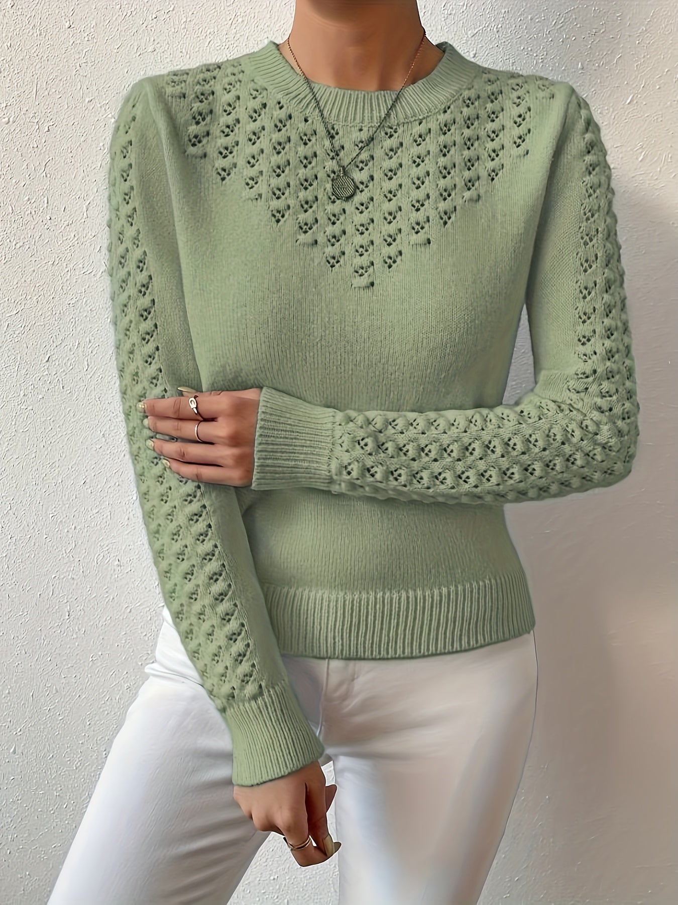 Womens Elegant Knitted Round Neck Textured Design Solid Colour Semi Sheer Sweater