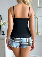 Womens Casual Heart Pattern Loose Fit Shoulder Straps Top & Shorts Bow Decoration Pyjama Set