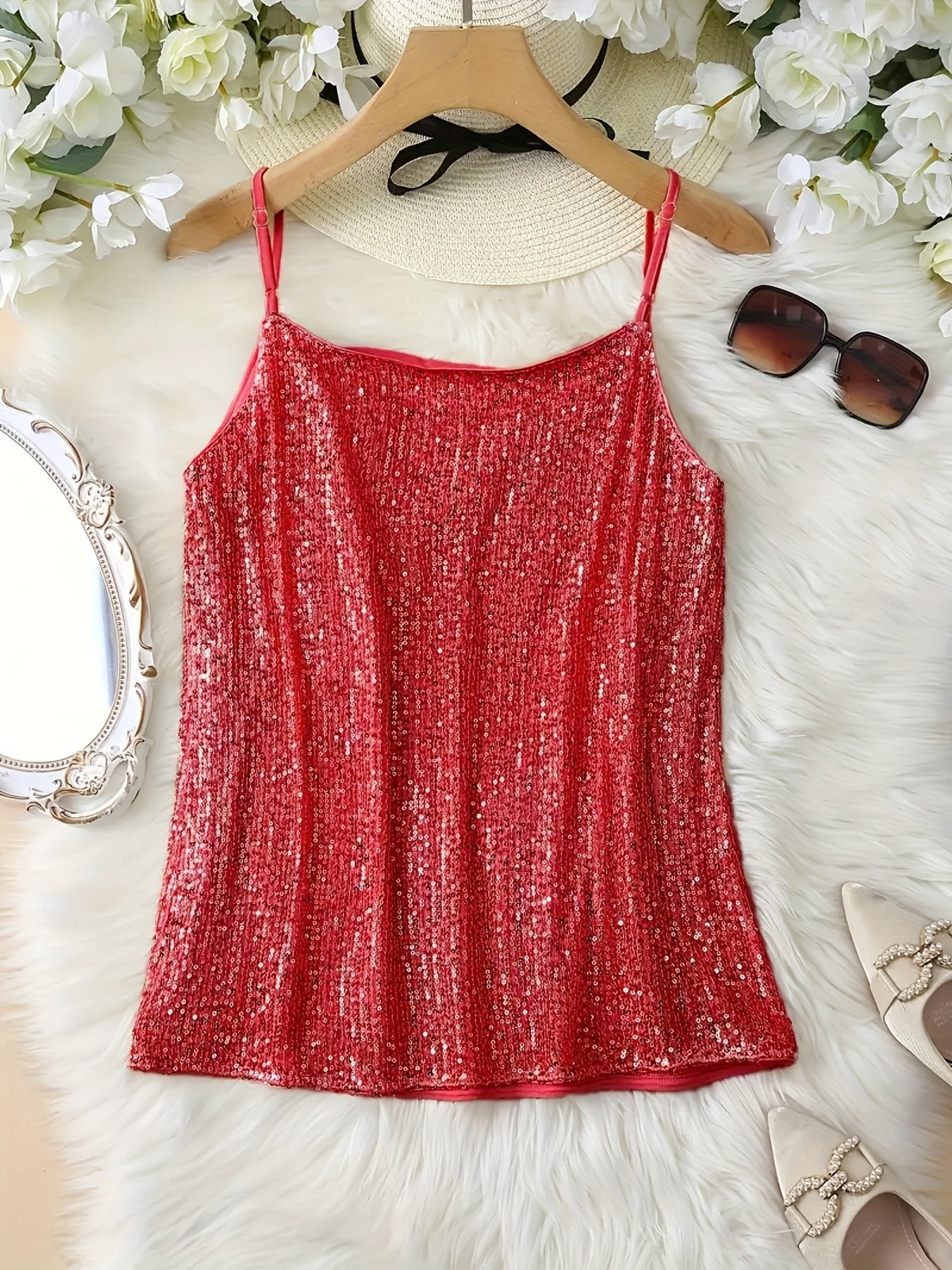 Womens Chic Sequined V Neck Solid Colour Sleeveless Strappy Top