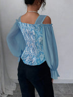 Womens Floral Jacquard Elegant Off-Shoulder Lantern Sleeves Square Neck Top