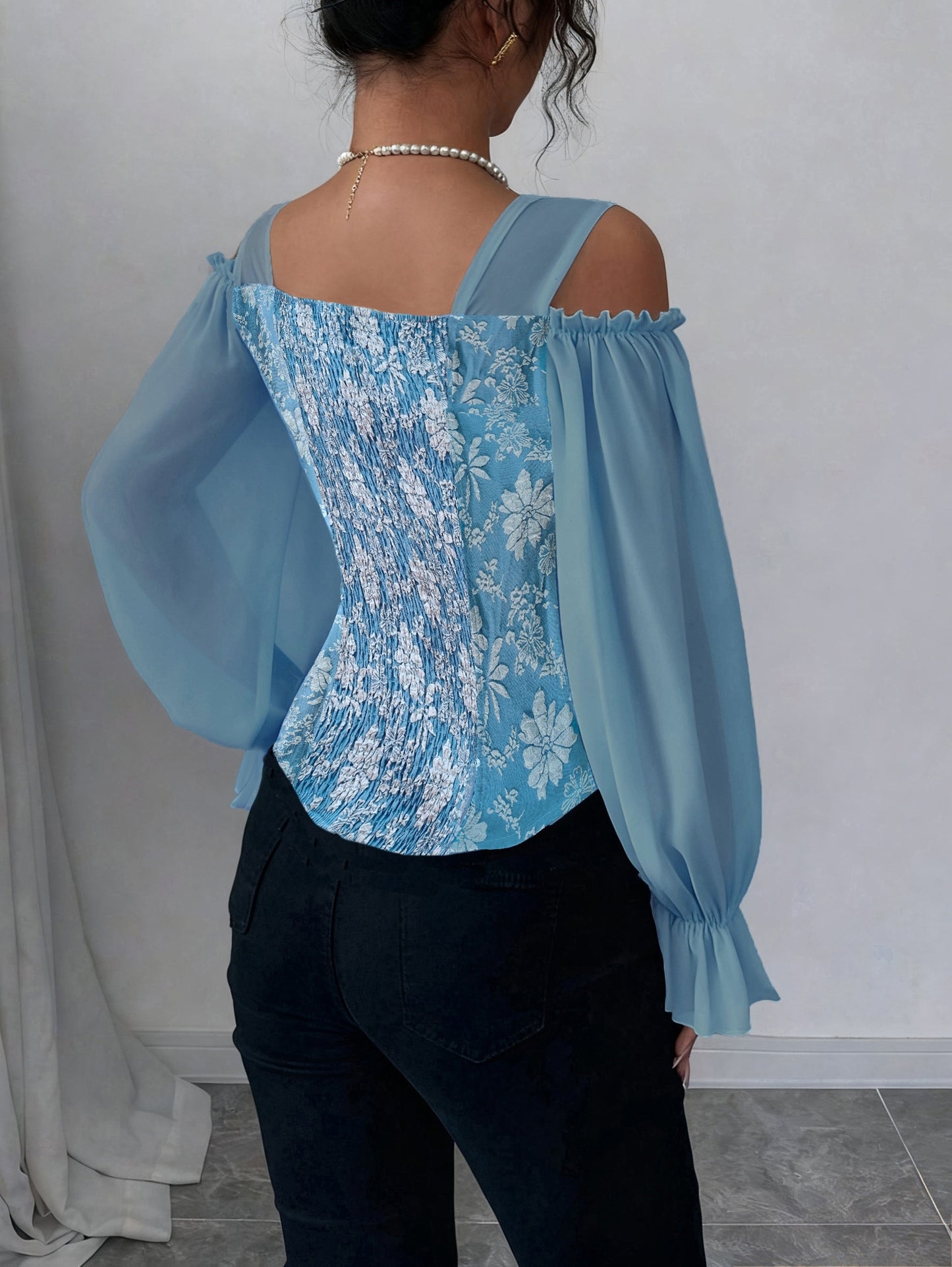 Womens Floral Jacquard Elegant Off-Shoulder Lantern Sleeves Square Neck Top