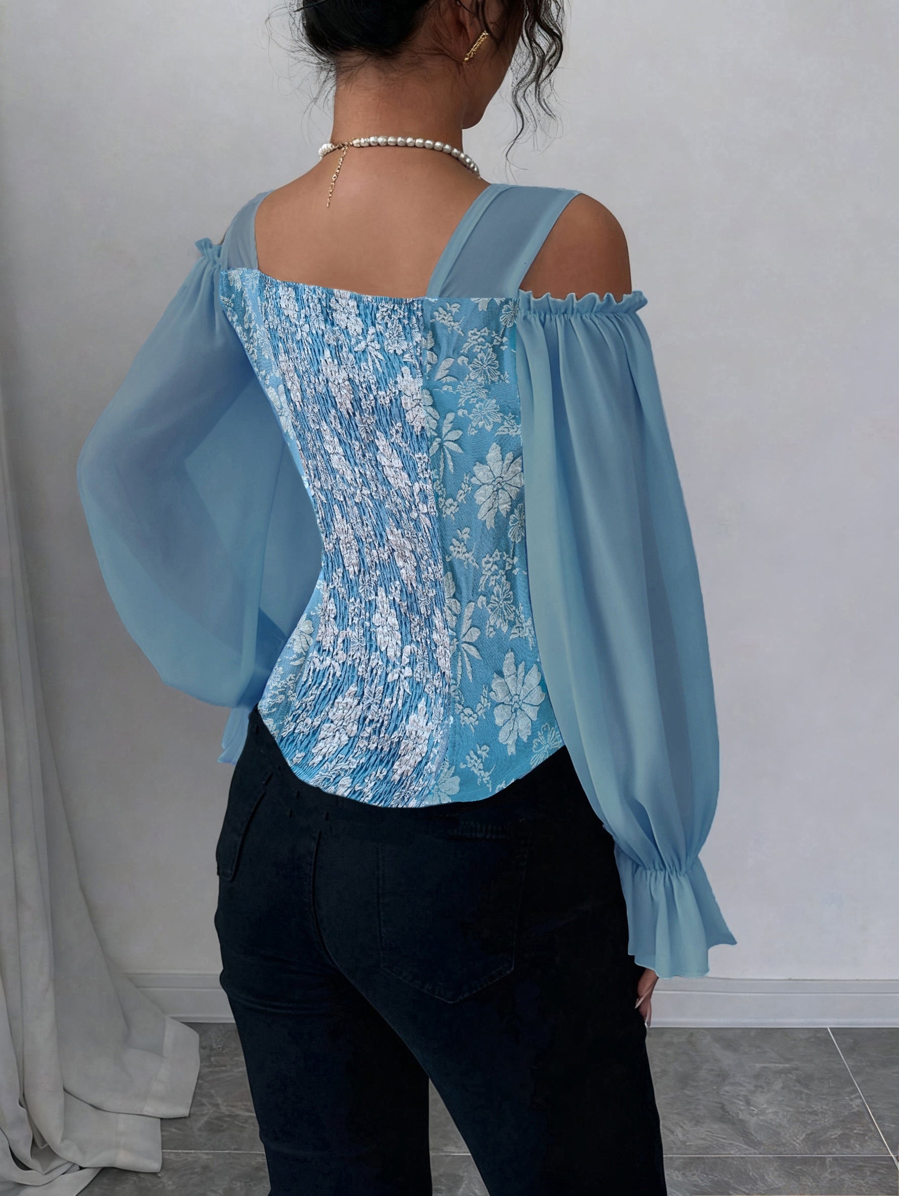 Womens Floral Jacquard Elegant Off-Shoulder Lantern Sleeves Square Neck Top