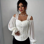Womens Floral Jacquard Elegant Off-Shoulder Lantern Sleeves Square Neck Top