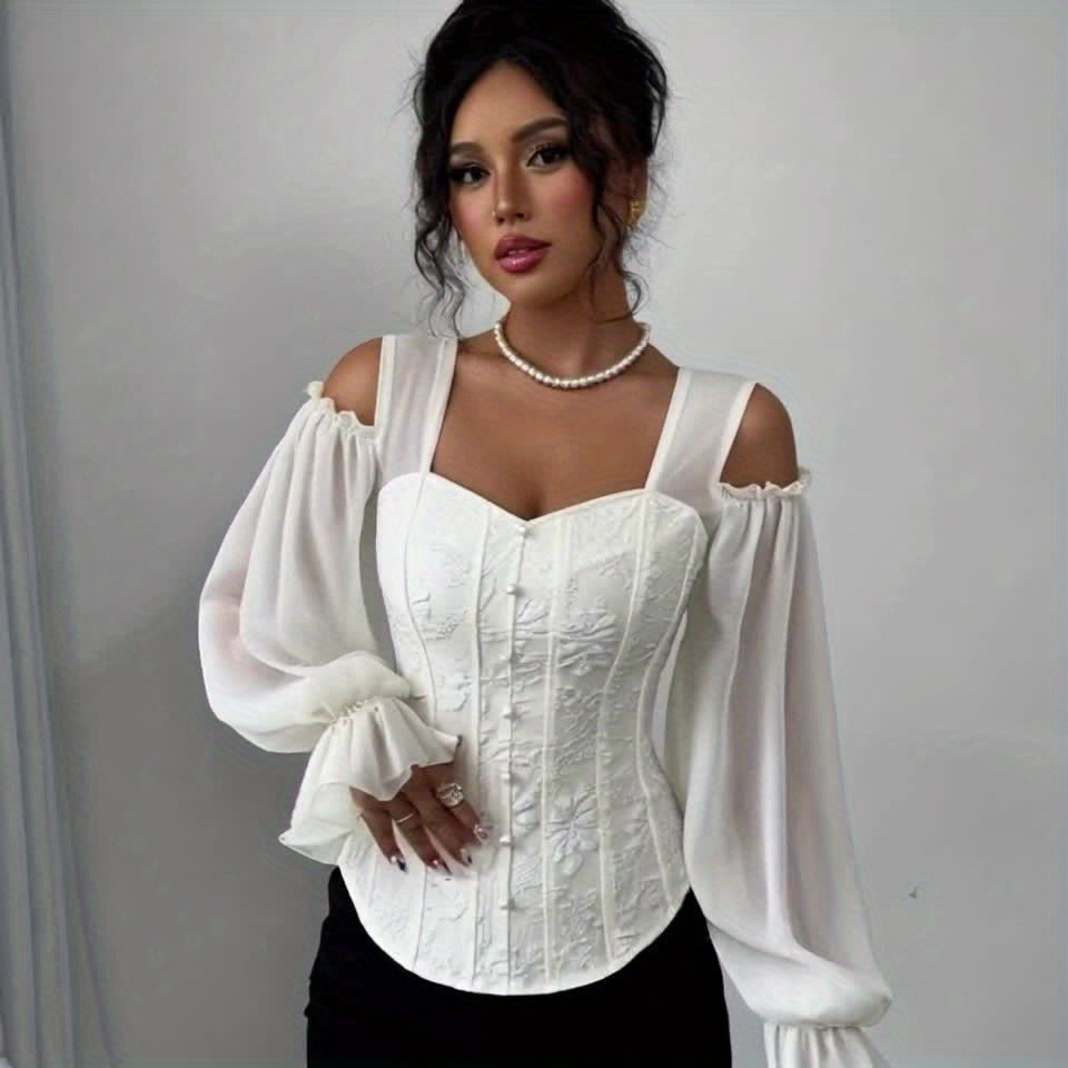 Womens Floral Jacquard Elegant Off-Shoulder Lantern Sleeves Square Neck Top