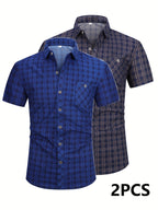 Mens Casual 2 Pcs Short Sleeve Plaid Button-Up Shirts