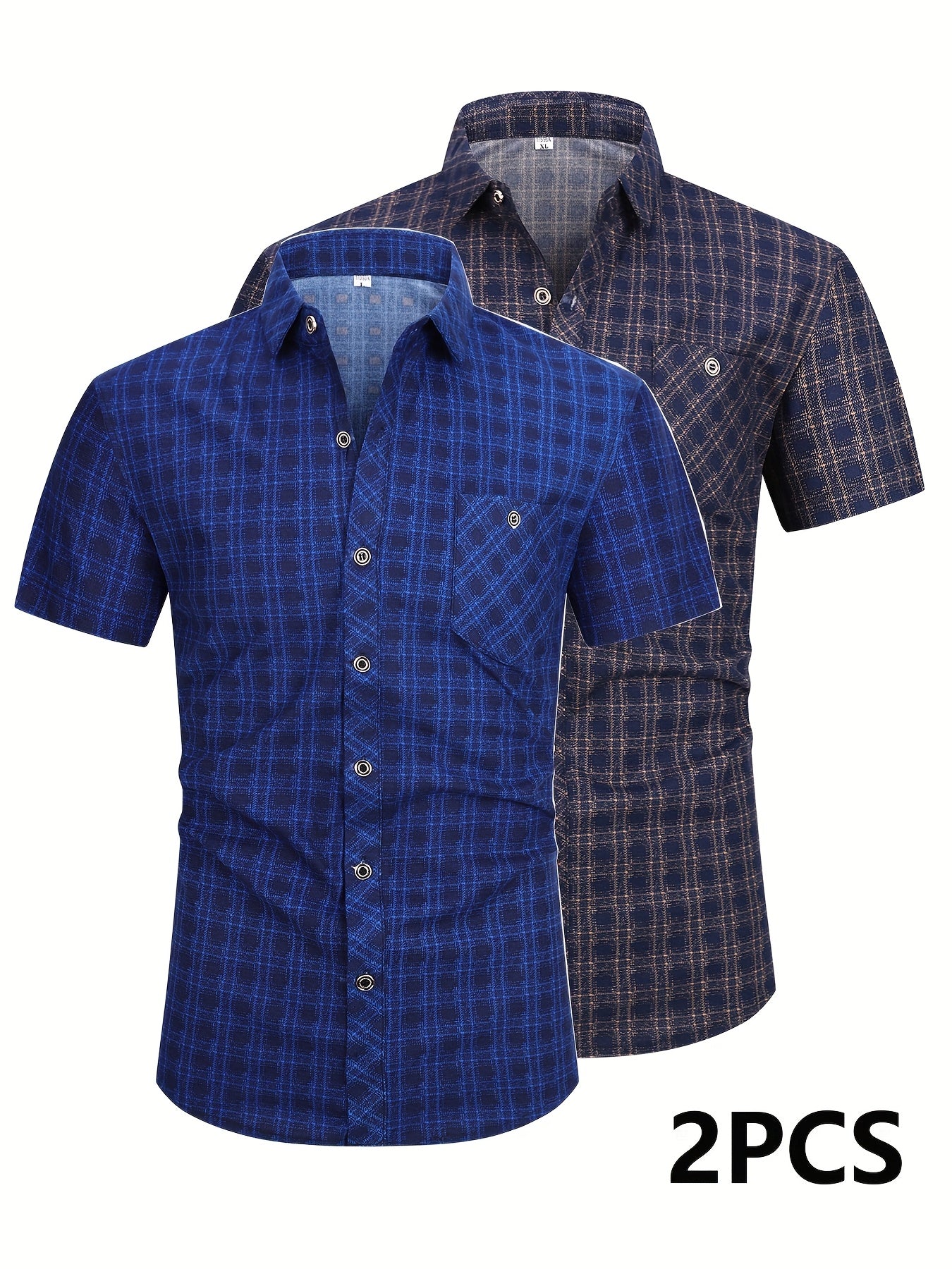 Mens Casual 2 Pcs Short Sleeve Plaid Button-Up Shirts