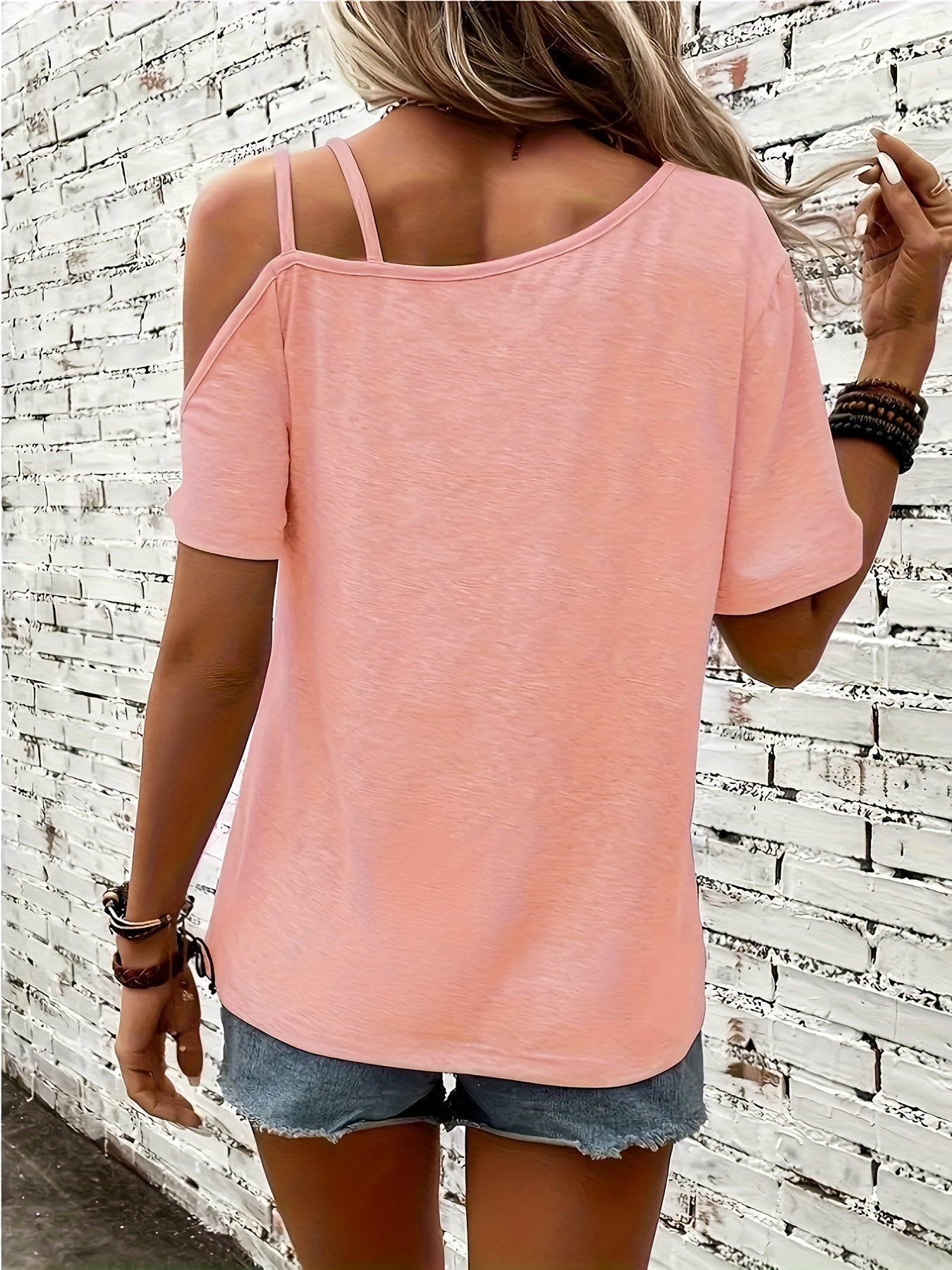 Womens Casual Heart Print Off the Shoulder Short Sleeve Asymmetrical T-shirt Top