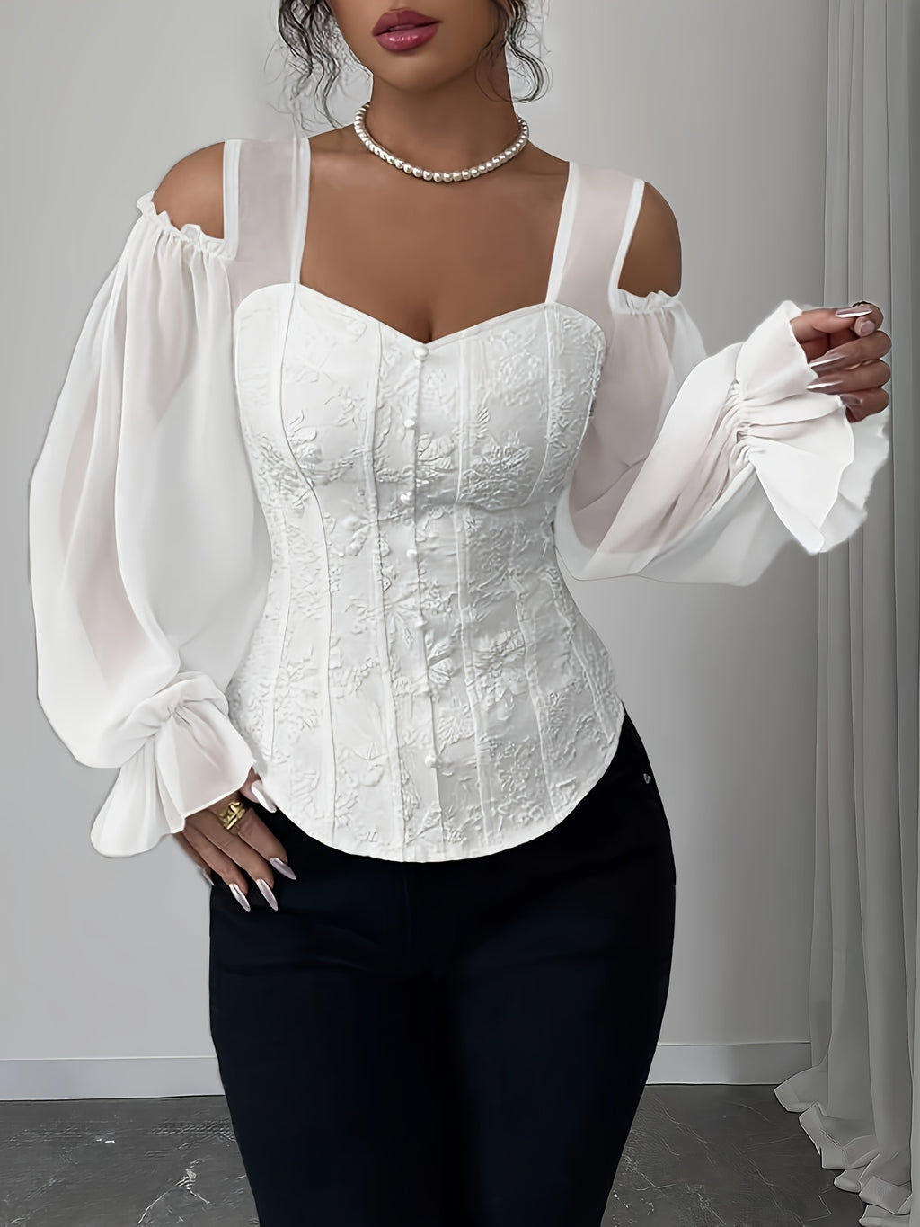 Womens Floral Jacquard Elegant Off-Shoulder Lantern Sleeves Square Neck Top