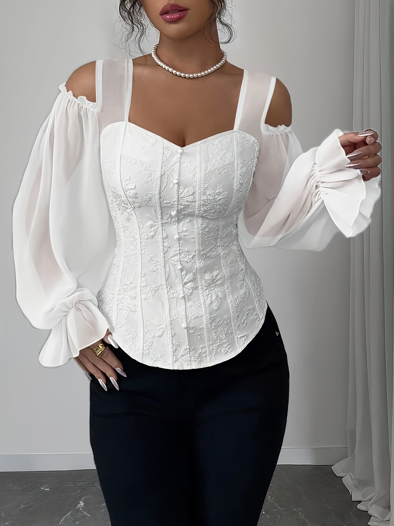 Womens Floral Jacquard Elegant Off-Shoulder Lantern Sleeves Square Neck Top