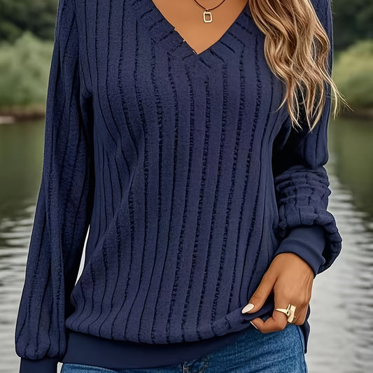 Womens Casual V-Neck Long Sleeve Ribbed Loose Fit Sweater