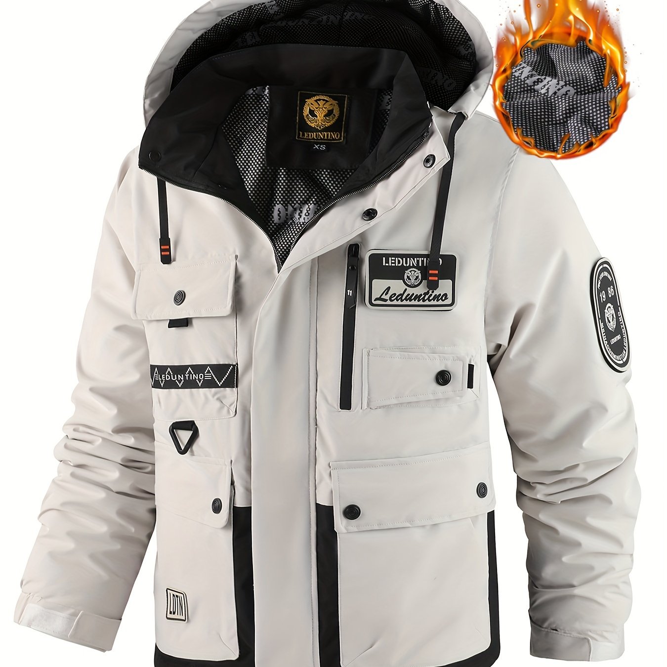 Mens Fleece-Lined Multiple Pockets Detachable Hood Outdoor Winter Jacket