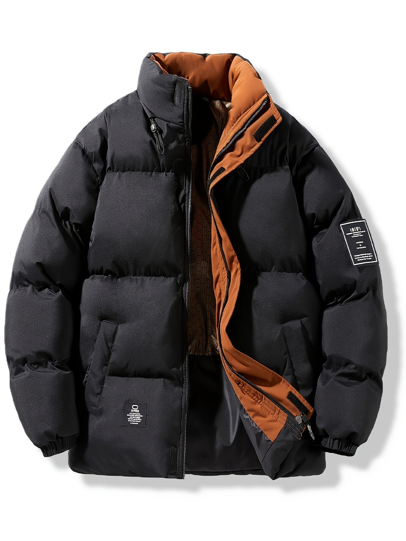 Mens Heavy-Duty Full-Zip Closure Stand Collar Windproof Loose-Fit Puffer Jacket
