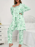 Womens 3 Piece Floral & Butterfly Print Long Pants Long Sleeve Belted Robe, Casual Crew Neck Top Nightwear Set