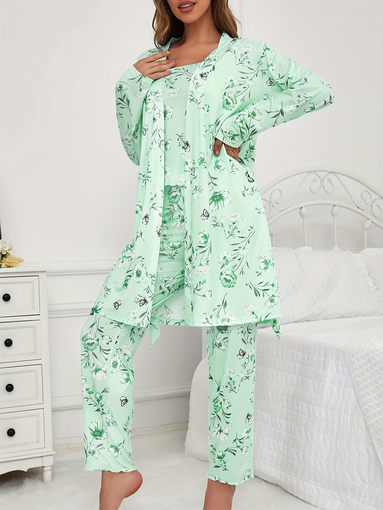Womens 3 Piece Floral & Butterfly Print Long Pants Long Sleeve Belted Robe, Casual Crew Neck Top Nightwear Set