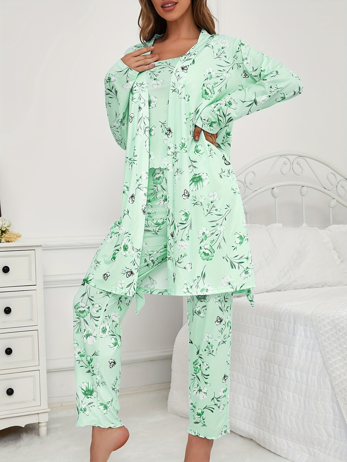 Womens 3 Piece Floral & Butterfly Print Long Pants Long Sleeve Belted Robe, Casual Crew Neck Top Nightwear Set