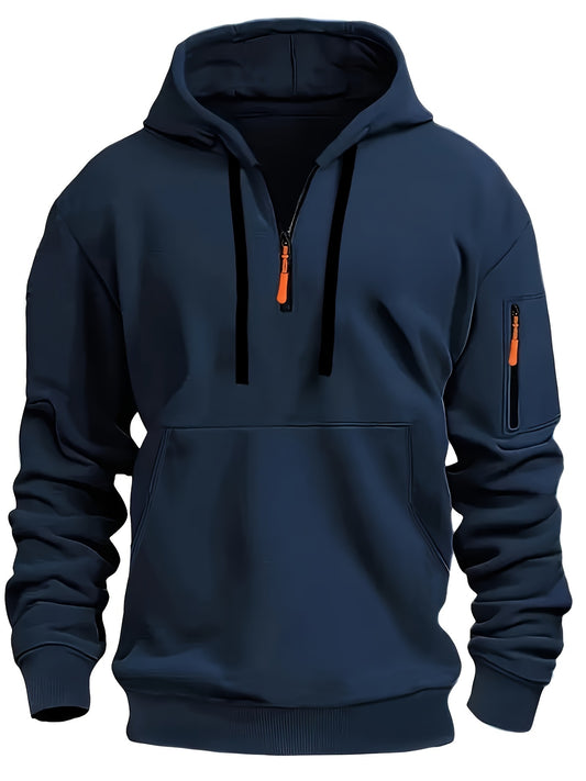 Mens Casual Front Zip-Up Ribbed Cuffs & Hem Regular Fit Minimalist Hooded Sweatshirt