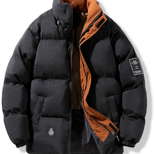 Mens Heavy-Duty Full-Zip Closure Stand Collar Windproof Loose-Fit Puffer Jacket
