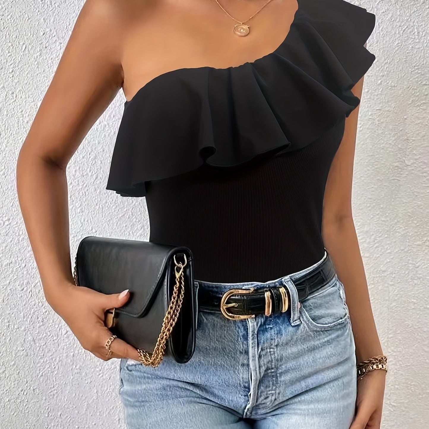 Womens Stretchy Off-Shoulder Ruffle Sleeveless Top