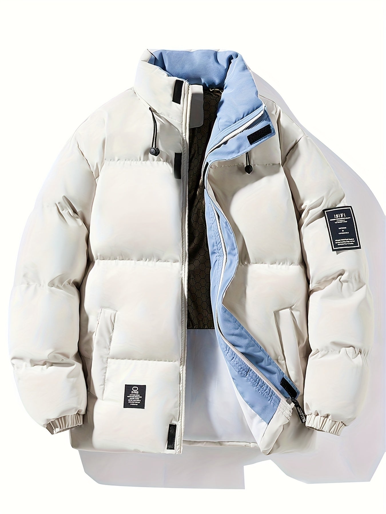 Mens Heavy-Duty Full-Zip Closure Stand Collar Windproof Loose-Fit Puffer Jacket
