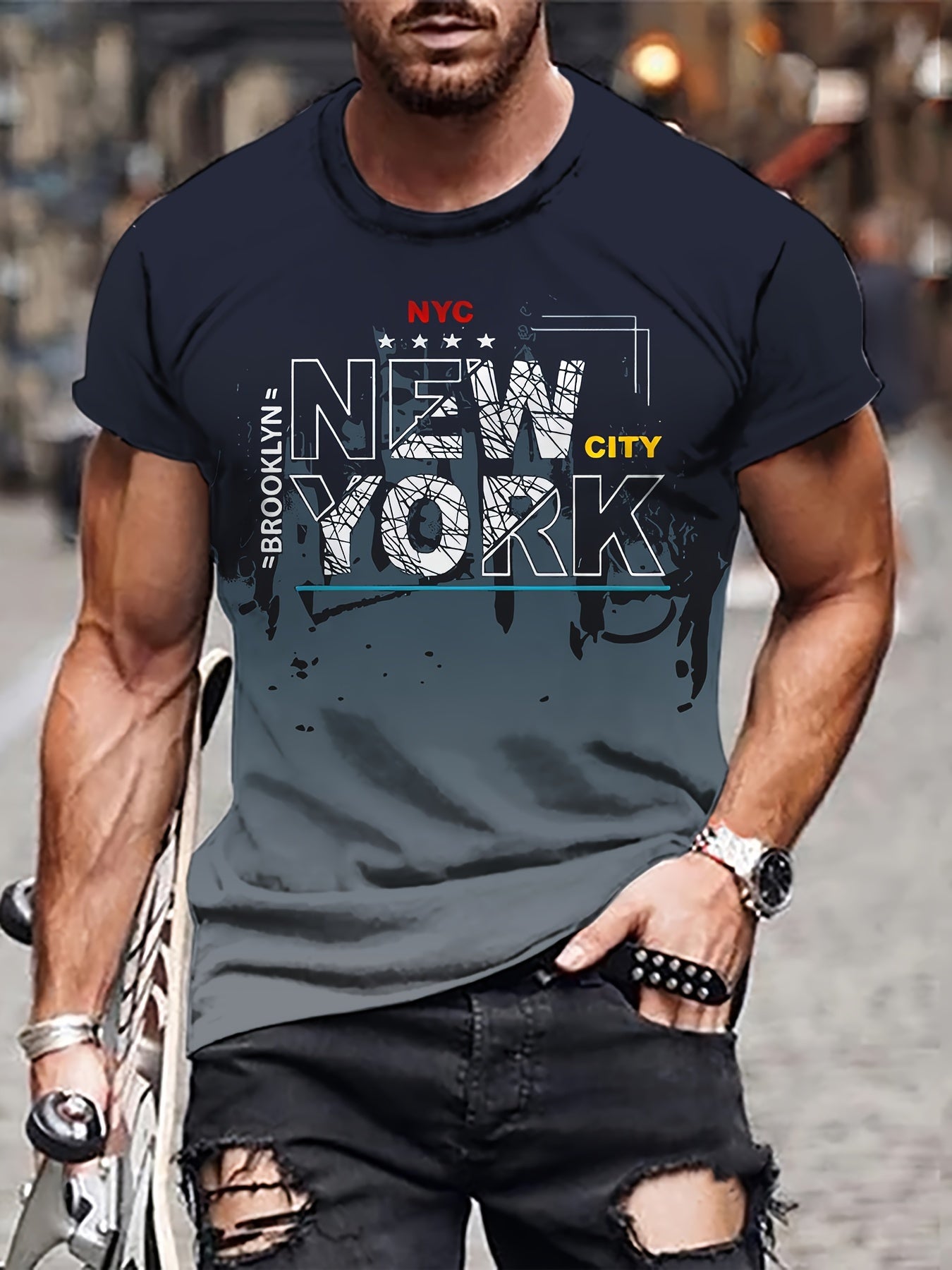 Mens Casual New York Graphic Print Casual Short Sleeve Crew Neck Tshirt