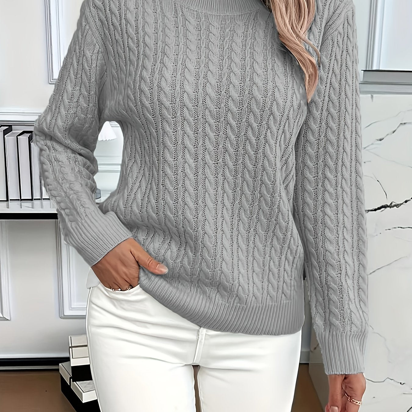 Womens Casual Loose-Fit Round Neck Long Sleeve Solid Colour Rib Design Pullover Sweater