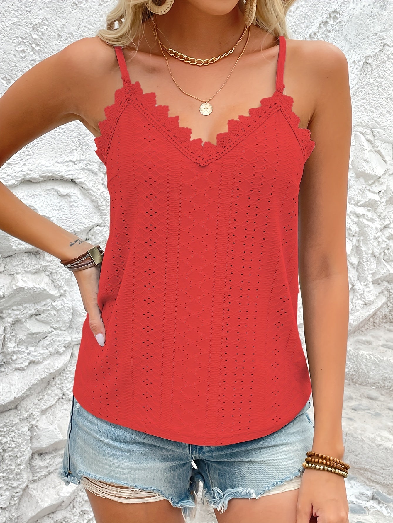 Womens Casual Eyelet Lace V-Neck Spaghetti Straps Vest Top