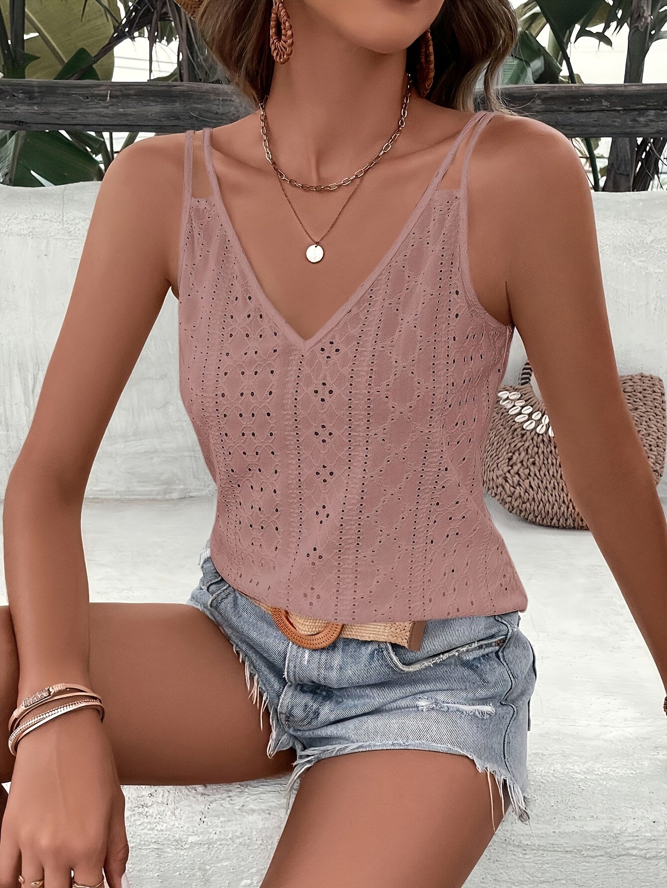 Women's Summer Casual Eyelet Solid Colour Cami Top