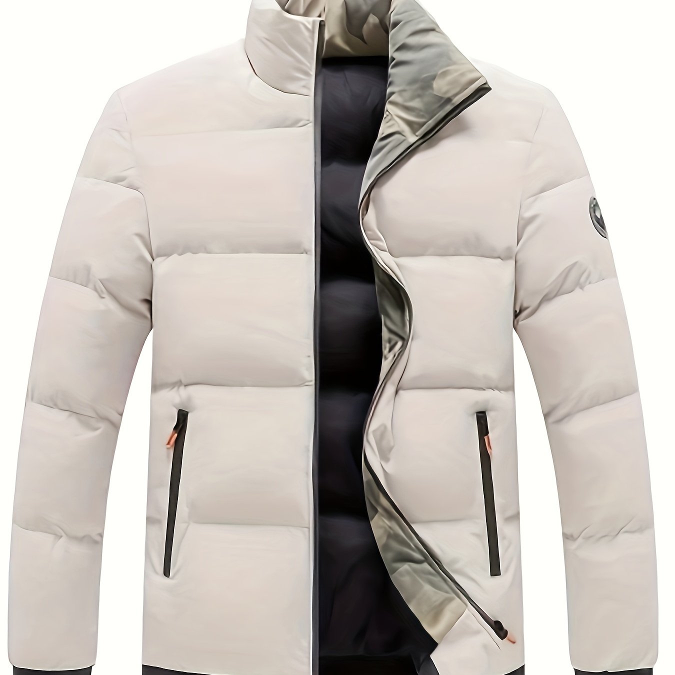 Mens Casual Thick Padded Loose Fit Stand Collar Zip Up Jacket