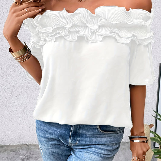 Womens Elegant Off-Shoulder Solid Colour Ruffled Hem Top