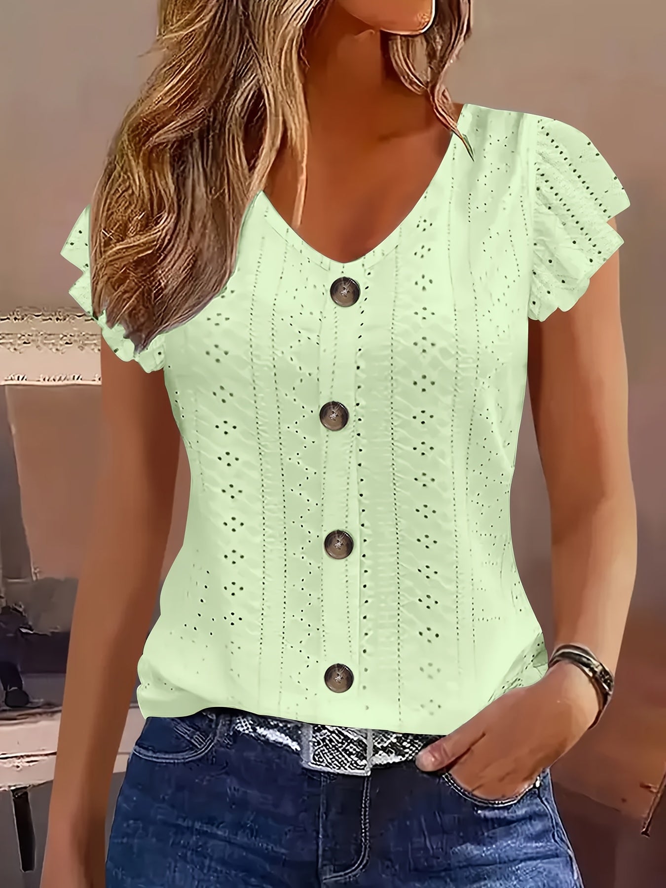 Womens Casual Breathable Solid Colour Semi-Sheer Round Neck Short Sleeve T-Shirt Top