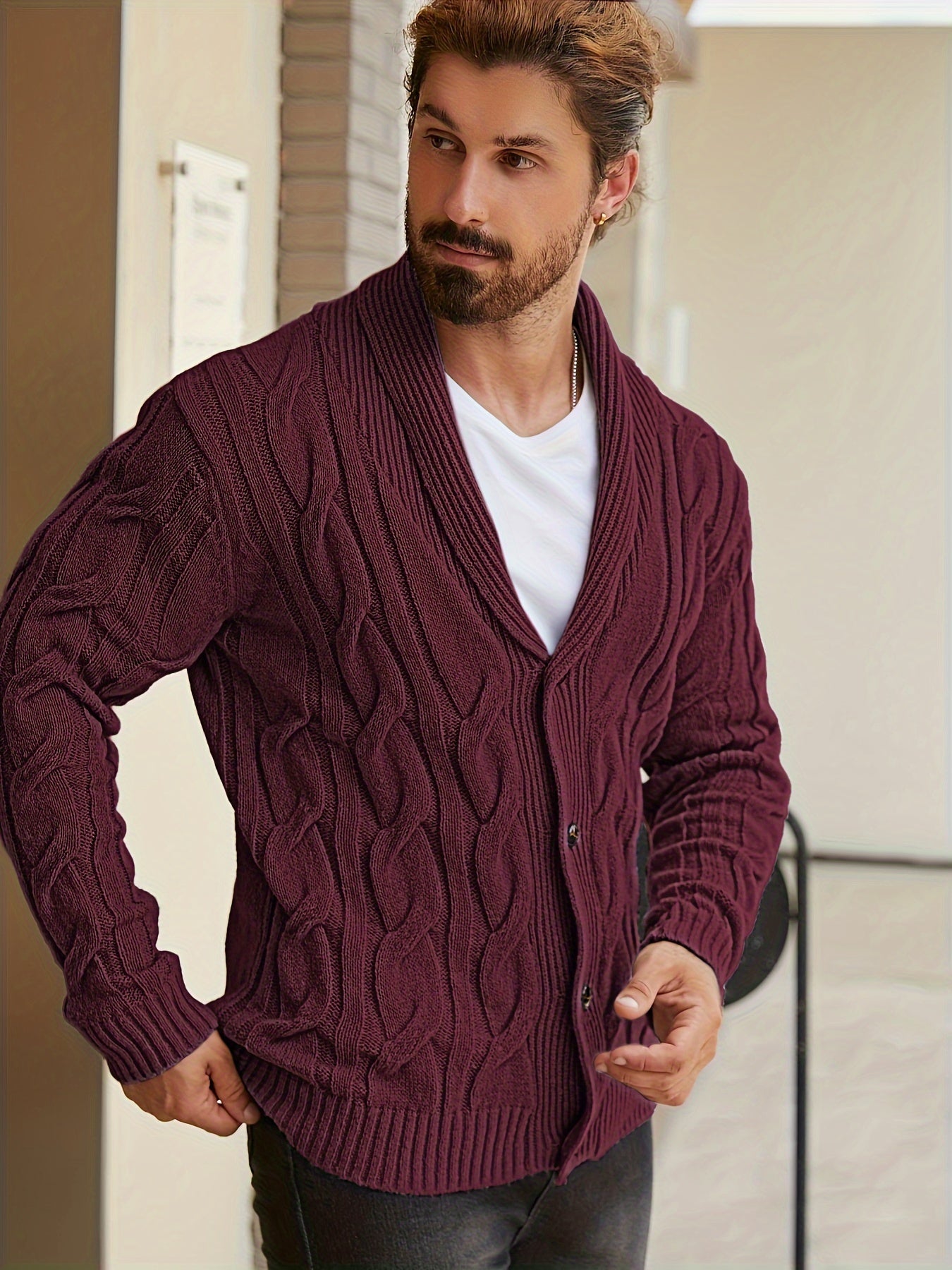 Mens Geometric Print Casual Long Sleeve Knitted Lapel Button Up Sweater